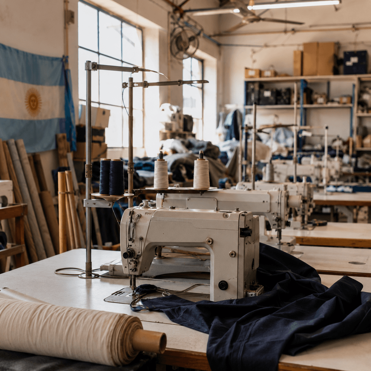 Trabajadores en taller textil con máquinas de coser